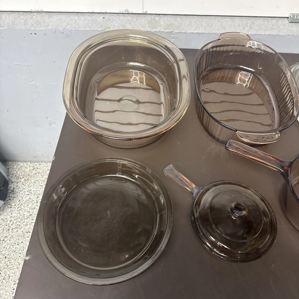 VTG CORNING VISION PYREX 6 Piece Amber & 1 Piece Clear Lid Roasting Pan Pot Pie